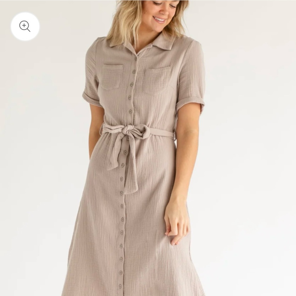 Tan Midi Tie Front Shirt Dress